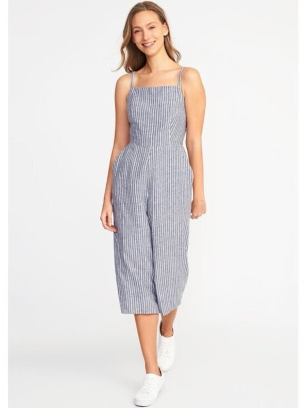 Old Navy Striped Linen Blend Smocked Jumpsuit | Wide Leg | Coastal Boho | S Tall